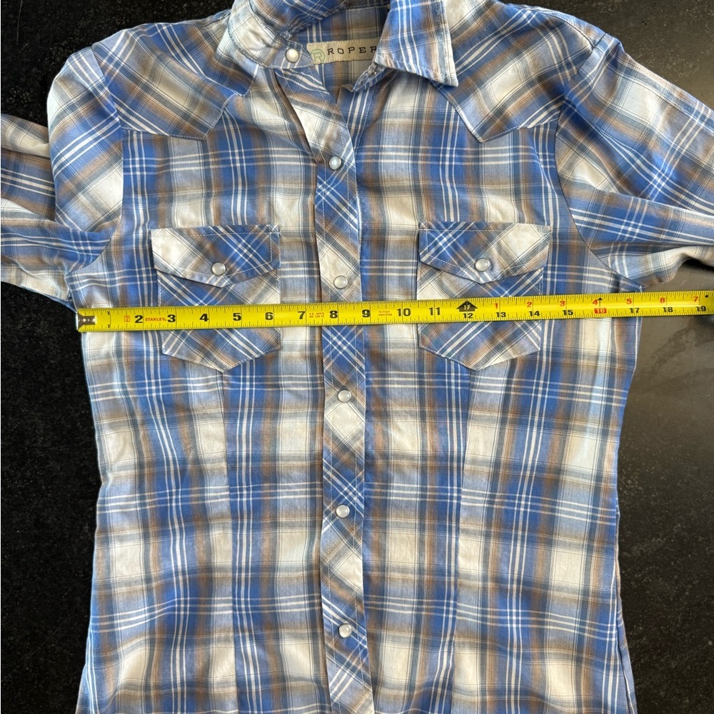 Roper XS Long Sleeve Button Down Western Shirt Blue White and Tan Plaid, Snaps - Picture 5 of 8